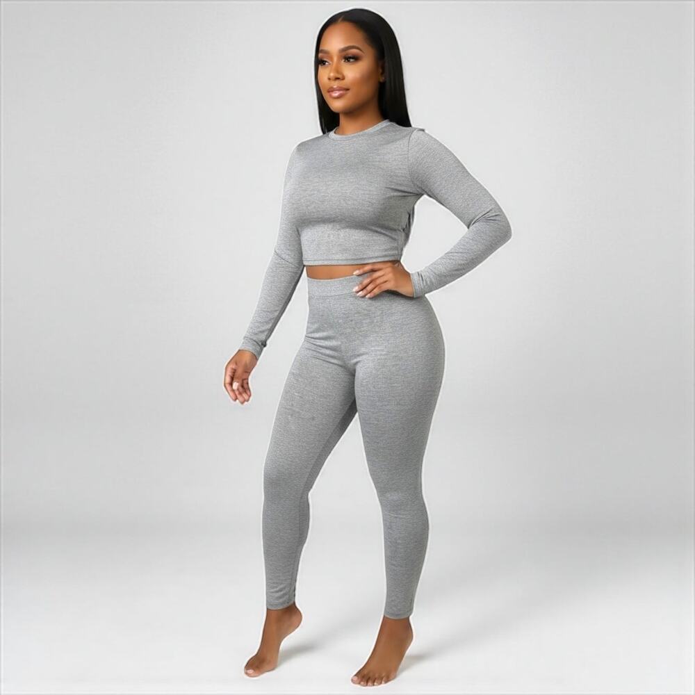 Gray Long Sleeve Crop Top & Legging Set